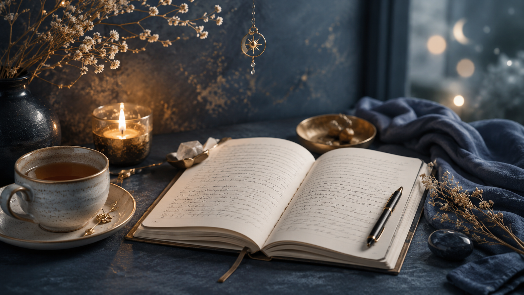 Gemütliche Nachtstimmung mit Tagebuch und Kerze