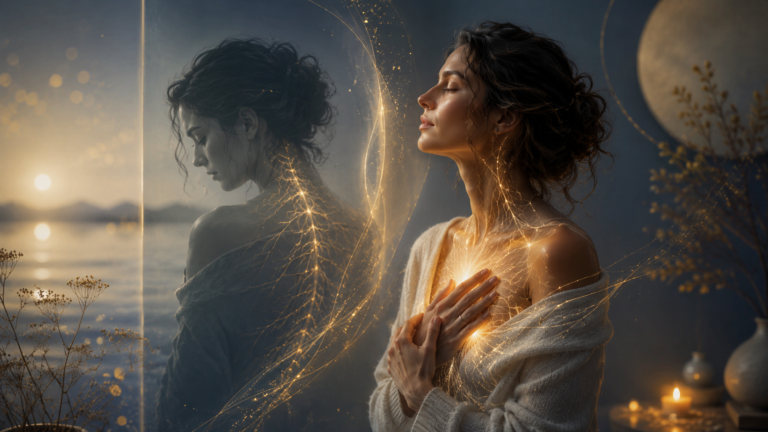 Traumhafte Meditationsszene mit goldenen Lichtlinien