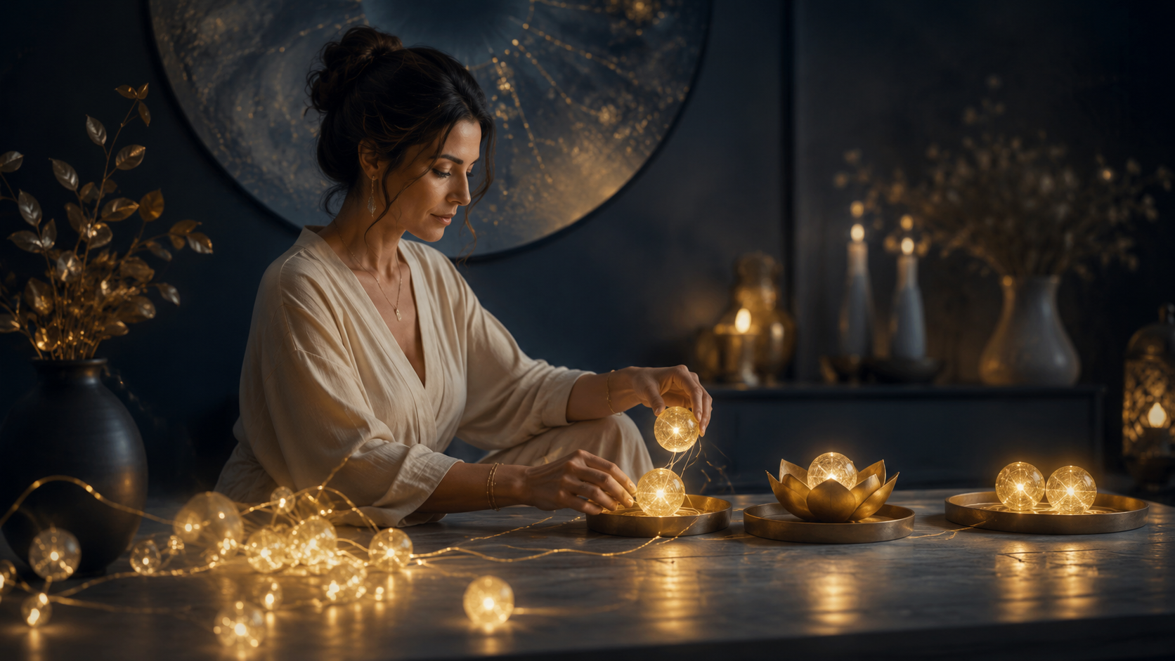 Serene Atmosphäre mit goldenen Lichtern